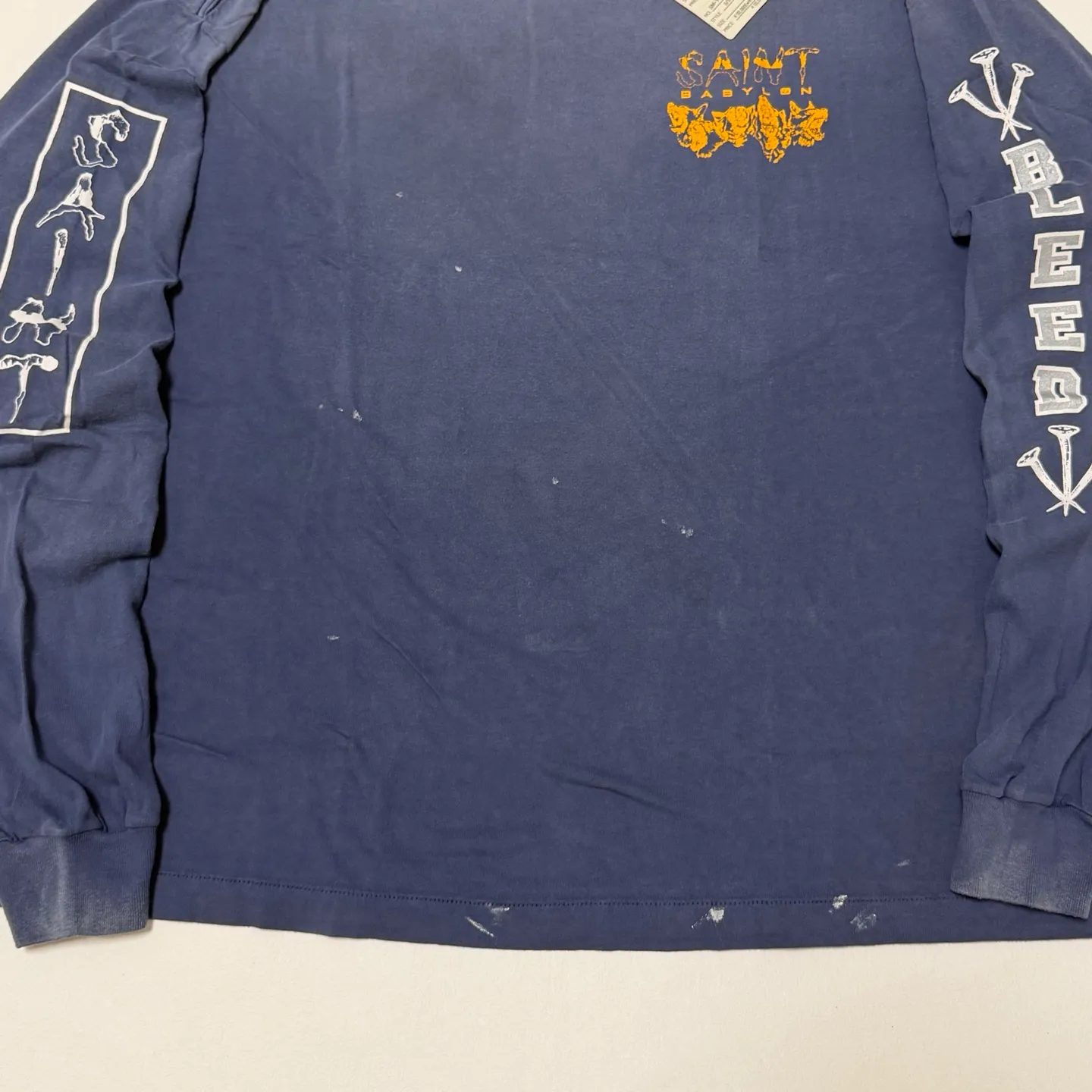 SAINT Mxxxxxx × BABYLON BBLN_LS TEE/SAINT BABYLON/NVY/BABYLON co-branded style Wolf head SAINT/nail distressed long sleeves Washed blue S-XL Completely matched Tube weaving fabric without side seams Garment dyeing Maliu water faded distressing Simulated sun fading treatment Natural fading Handmade holes and frayed Ink splashing treatment Correct main mark/wash mark/little angel anti-counterfeiting mark